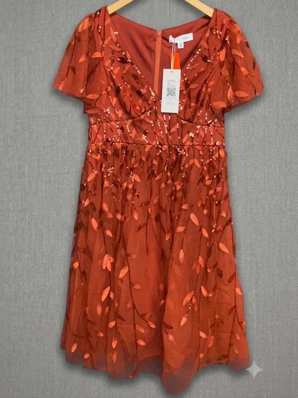 NWT Ever Pretty Sequin Leaf Midi Dress Rust Burnt Orange Tulle Flutter Sleeve 12